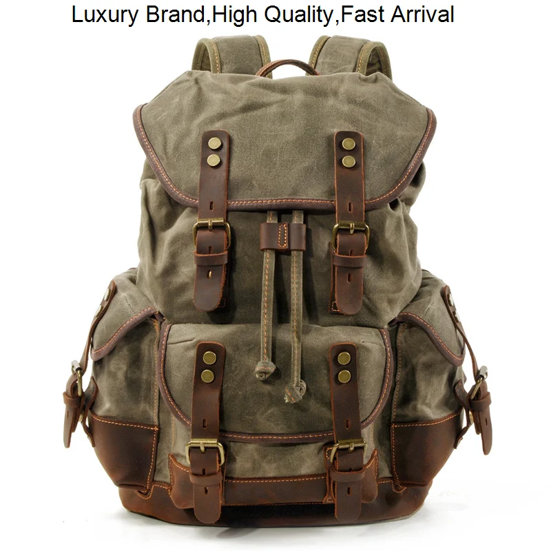 

Men's New Leather Mochila Hombre High Capacity Waxed Canvas Vintage Backpack For School Bag Hiking Travel Rucksack Free Shipping
