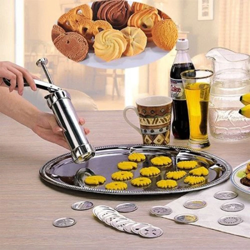Cookie Press Cookie Press Gun Kit DIY Biscuit maker and Churro Maker with 20 Decorative Stencil Discs and 4 Icing Tips molds
