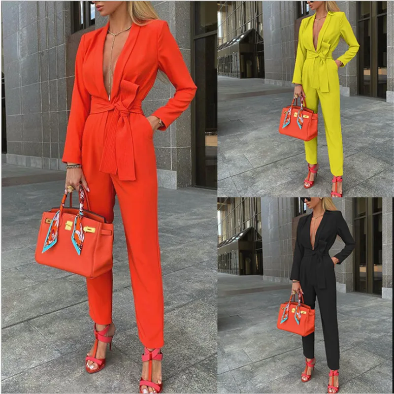 Sexy Fashion Solid Color Tie Deep V Neck 2023 Elegant Ladies Tops and Pants Solid Color Suit Belt Jacket + Pants One-piece Suit