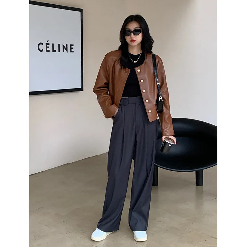 Leather Jacket Short Coat Women's Autumn Coat New Coffee Color Round Collar Button Profile Loose Casual Pu Leather Jacket