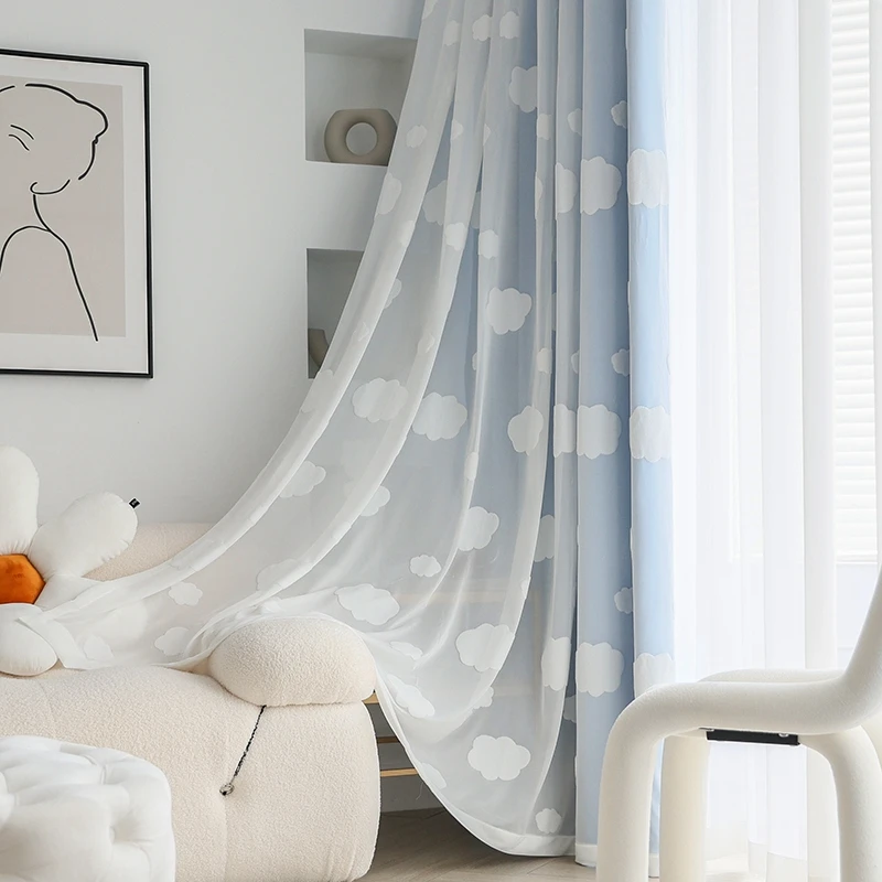 Curtain For Childrens Room Japanese Simple Sheer Voile For Living room Semi-Blackout Window Drapes Cartoon White 3D Cloud