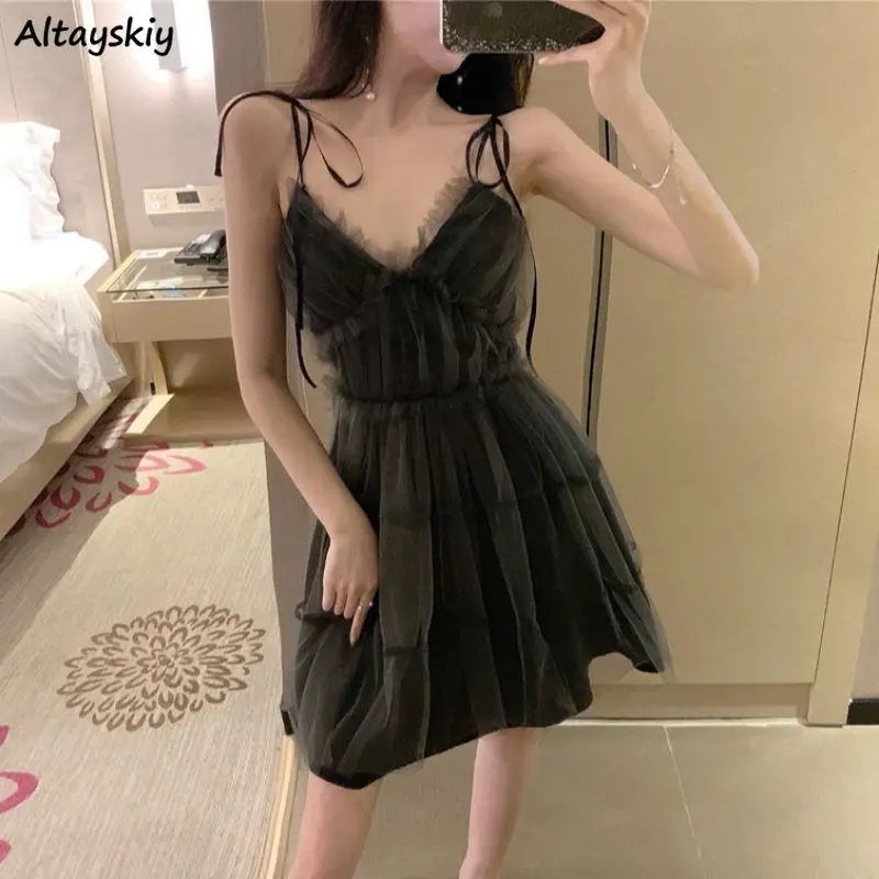 

Sleeveless Dress Women V-neck Sexy Mesh Mini Dresses Temperament Backless Black Streetwear A-line Vestidos Mujer Korean Fashion