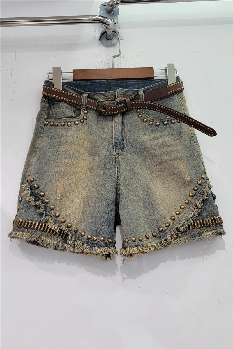 Summer 2023 Heavy Industry Beads Frayed Hot Drilling Straight Short Pants a-Line High Waist Wide Leg Slim Denim Shorts