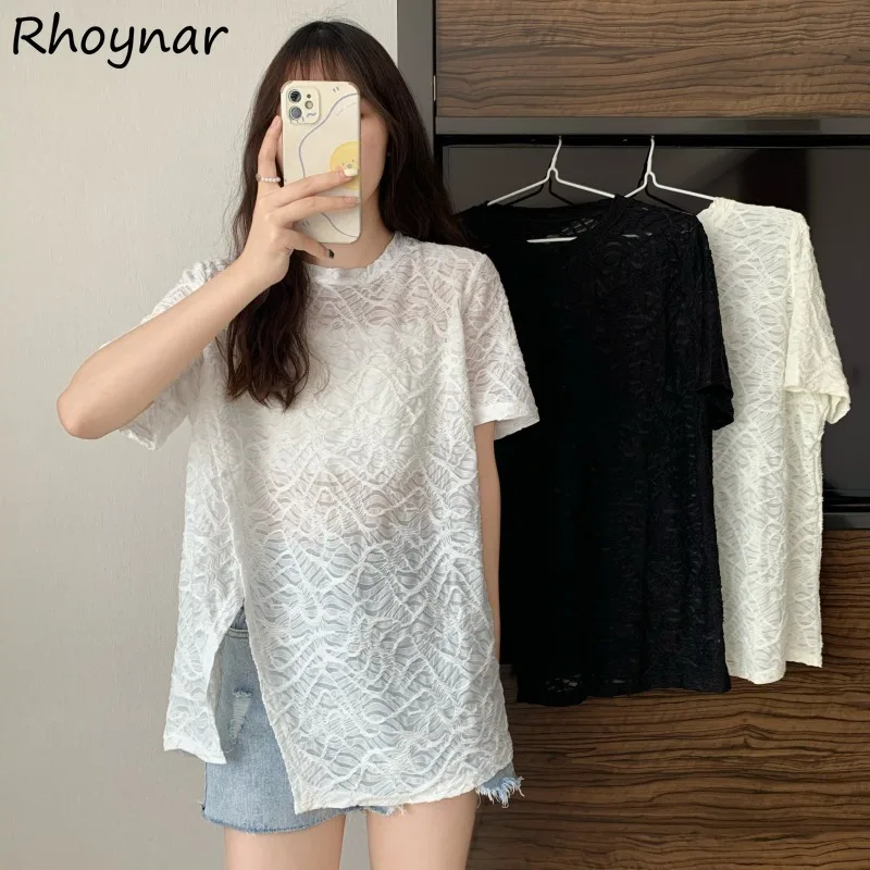 

Irregular Short Sleeve T-shirts for Women Design Elegant Side Slit Loose Thin Summer Female Sexy Korean Style Aesthetic Футболка
