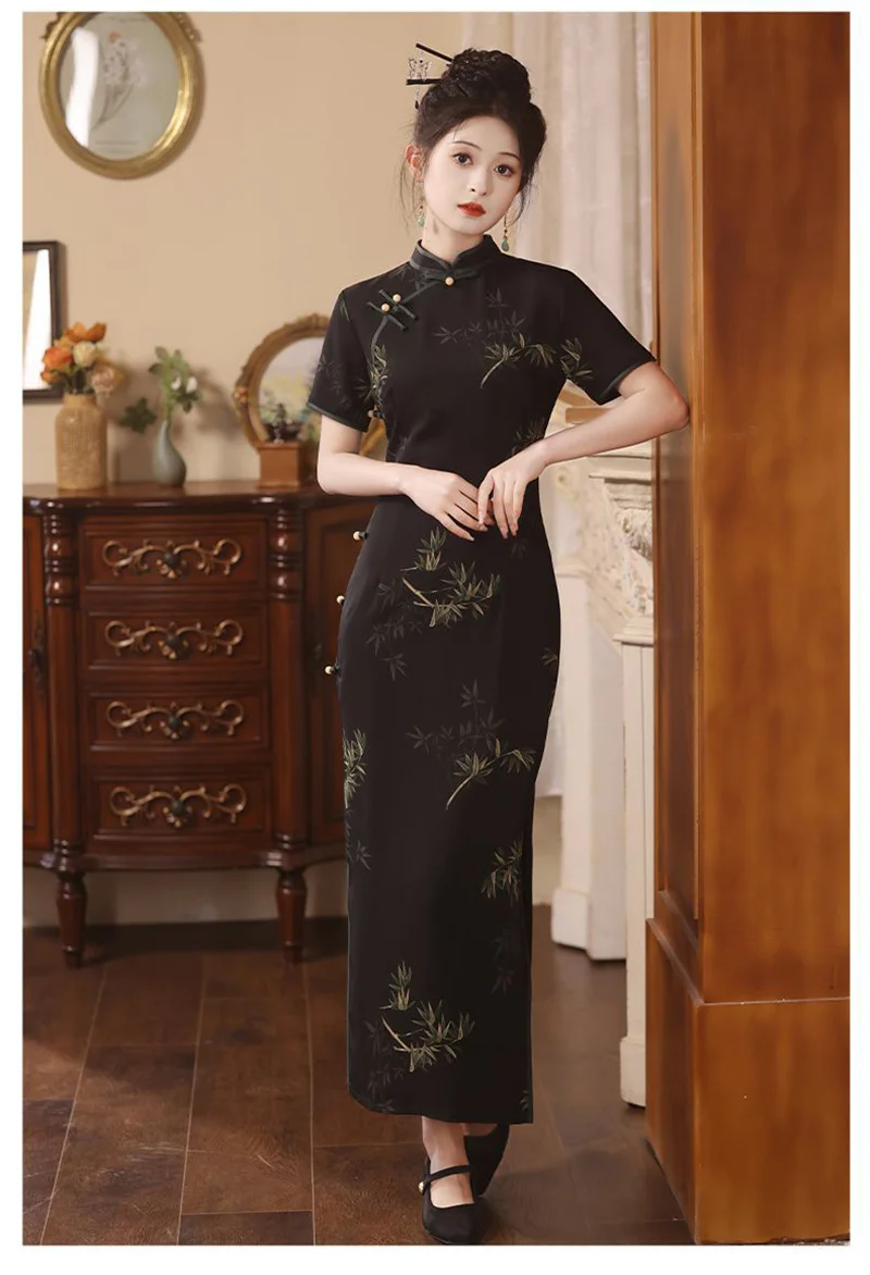 Новинка Ципао в китайском стиле женское черное летнее бамбуковое платье тонкое
