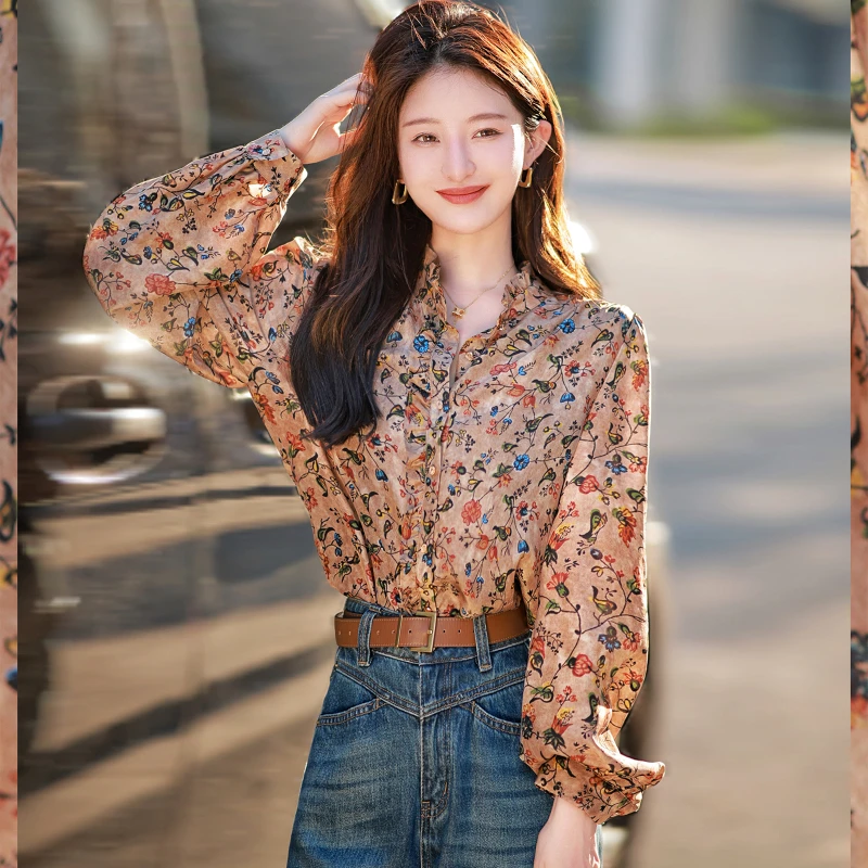 

Satin Prints Vintage Blouses Silk Women's Shirt New Ruffles Clothing Loose FASHION Spring/Summer V-Neck Tops YCMYUNYAN