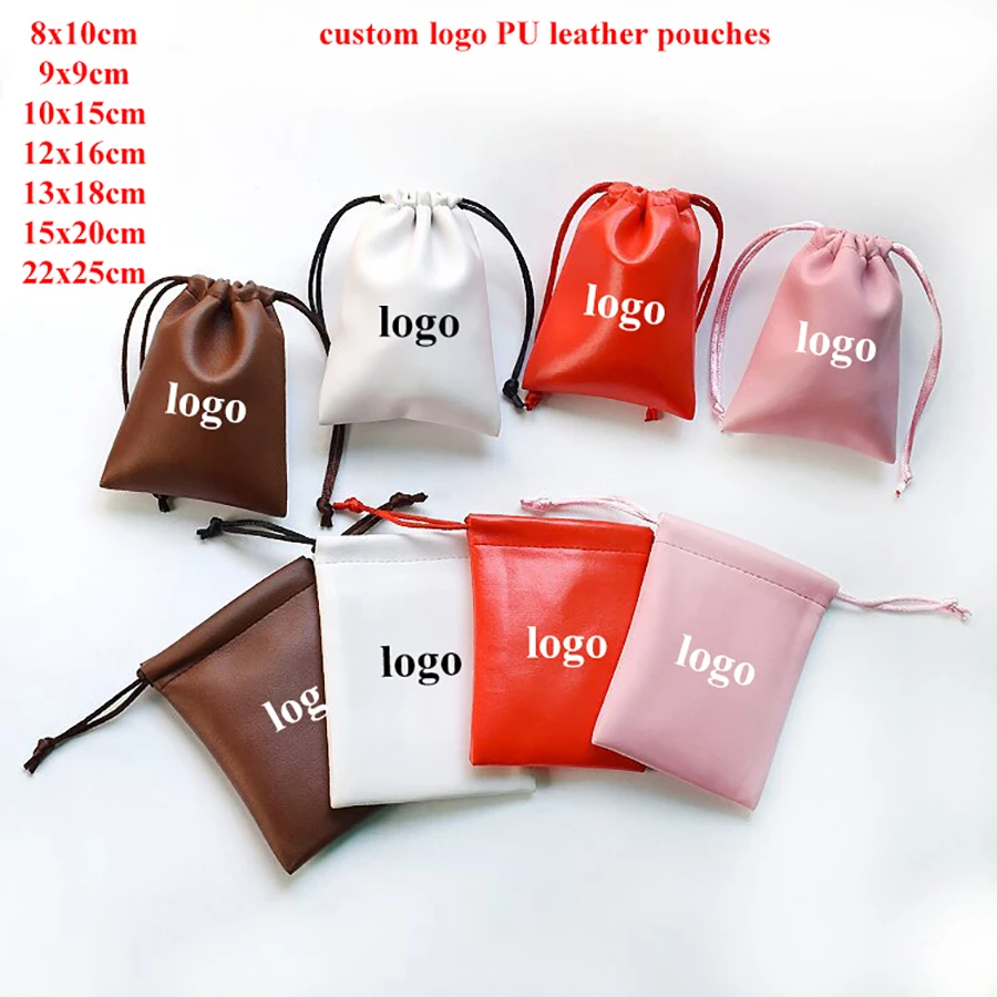 100pcs Custom Logo PU Leather Pouch 9x9 12x11 11x15 25x20 22x25cm Personalized Gift Bags Drawstring Electronic Product Packaging