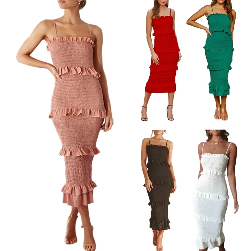 

Womens Summer Square Neck Dress Floral Midi Spaghetti Strap Dress Sleeveless Tiered Ruffle Hem Smocked Bodycon Dresses