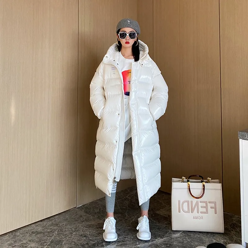 2023 new thickened fashionable over knee long shiny wash free hoodie White down jacket for women enlarge