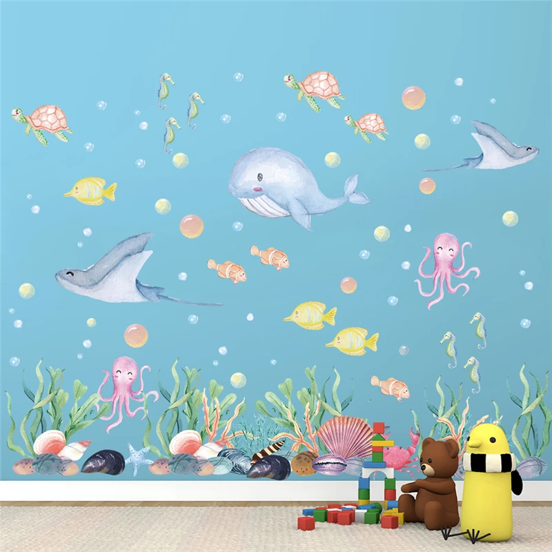 

Cartoon Fish Turtle Octopus Sealifes Wall Sticker For Kids Room Bathroom Decoration Ocean Mural Art Diy Home Decals Pvc Poster