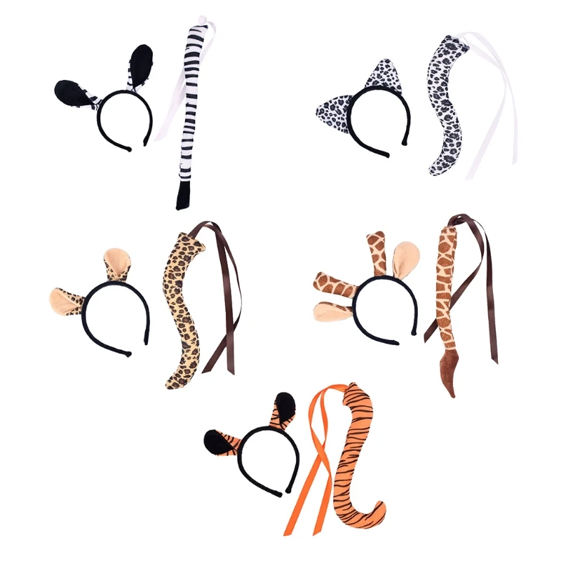 

F42F Animal Costume Leopard Ears Headbands Tail Set Cosplay Halloween Hair Prop