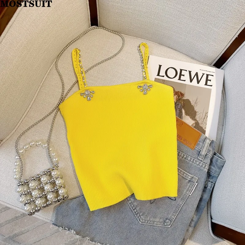 

Diamonds Beaded Slim Knit Vests Women Slings Crop Tops 2023 Summer Sleeveless Sexy Elegant Streetwear Ladies Knitwear Jumpers