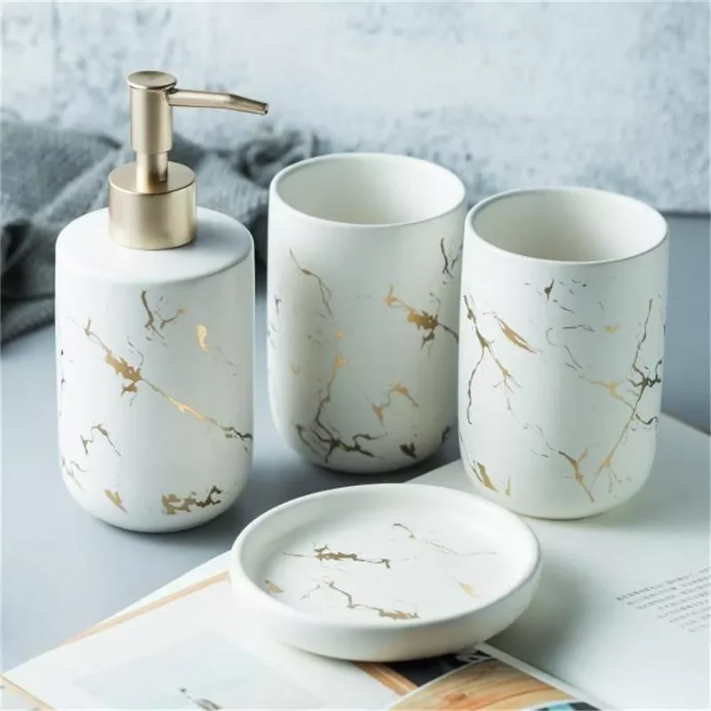 

NEW2023 Nordic Bathroom Accessories Set Marble Texture Toothbrush Cup Four Pieces Sets with Two Rinse Cup Soap Dish and Lotion D