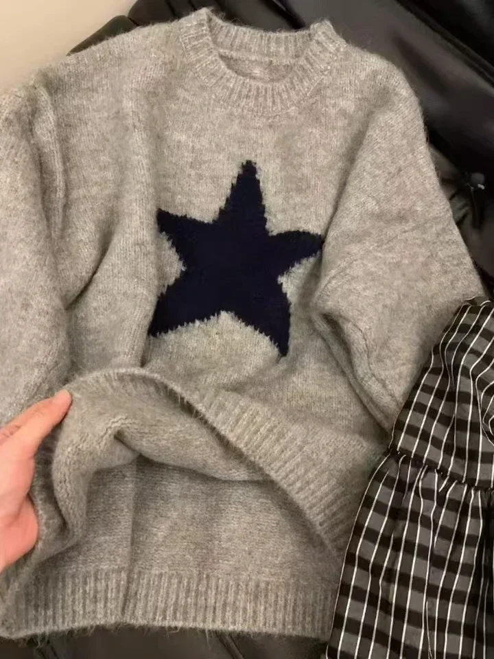 Deeptown Y2K Эстетический звездный свитер женский Harajuku винтажный серый вязаный