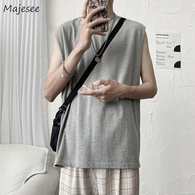 

Tanks Men Fashion Summer Baggy Sleeveless Ins Chic Solid All-match Male Clothing Simple O-neck Streetwear Handsome Breathable