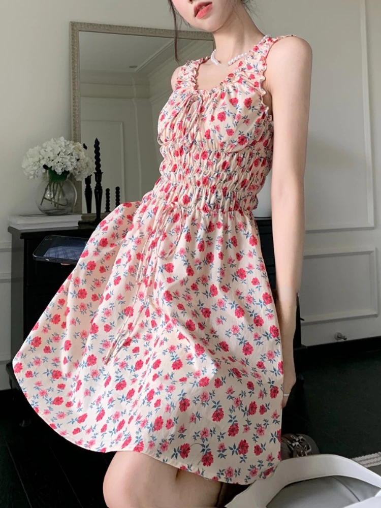 

Женское винтажное платье с цветочным принтом, элегантное милое платье мини со шнуровкой, праздничное французское дизайнерское платье с рюшами, лето 2023