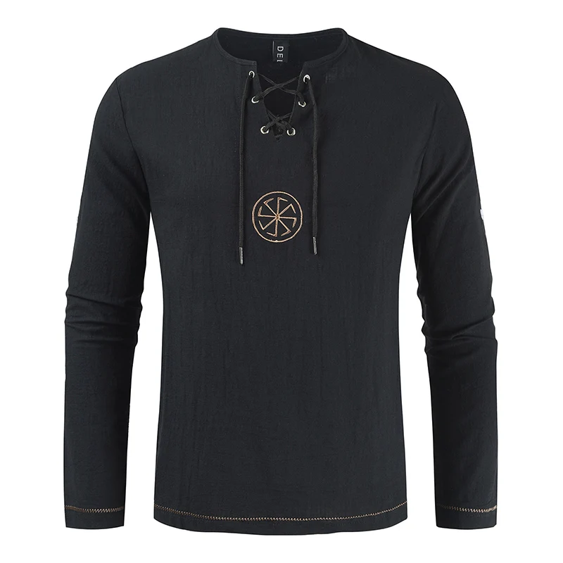 

Casual Men's Long-sleeved Embroidered Linen Shirt Vinatge New Medival Viking Shirt Cotton Linen Shirt Men Shirts