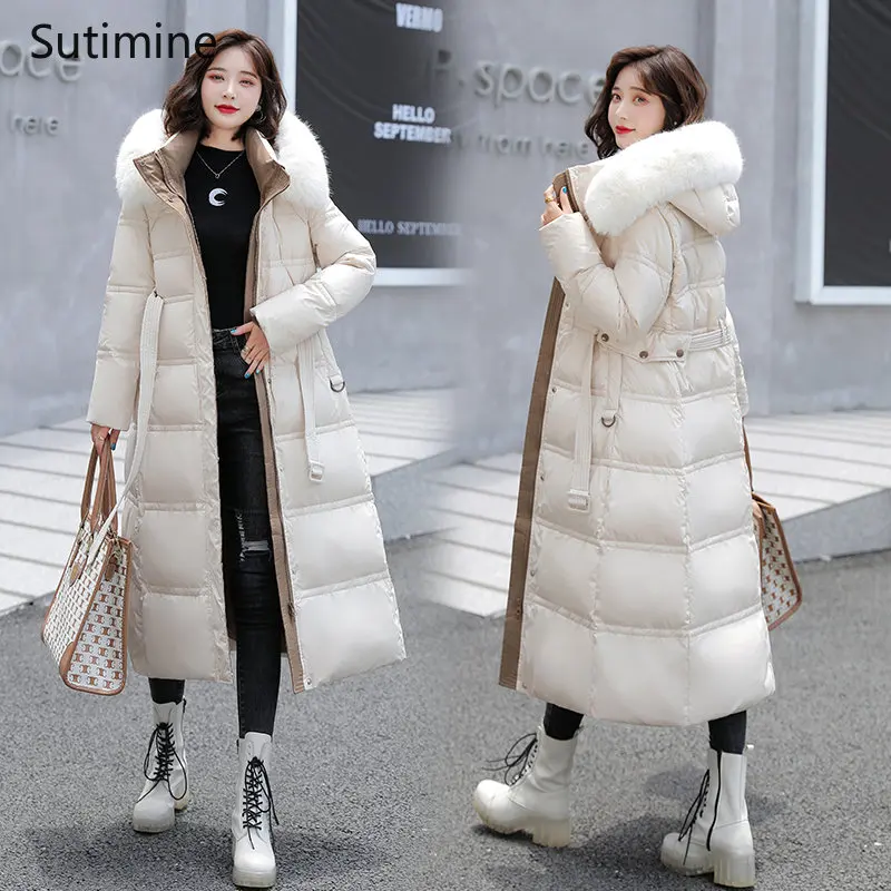 Winter Coat Women Office Lady Adjustable Waist Women Coat with Large Fur Collar and Slim Down Cotton Padded Jacket Coat Women