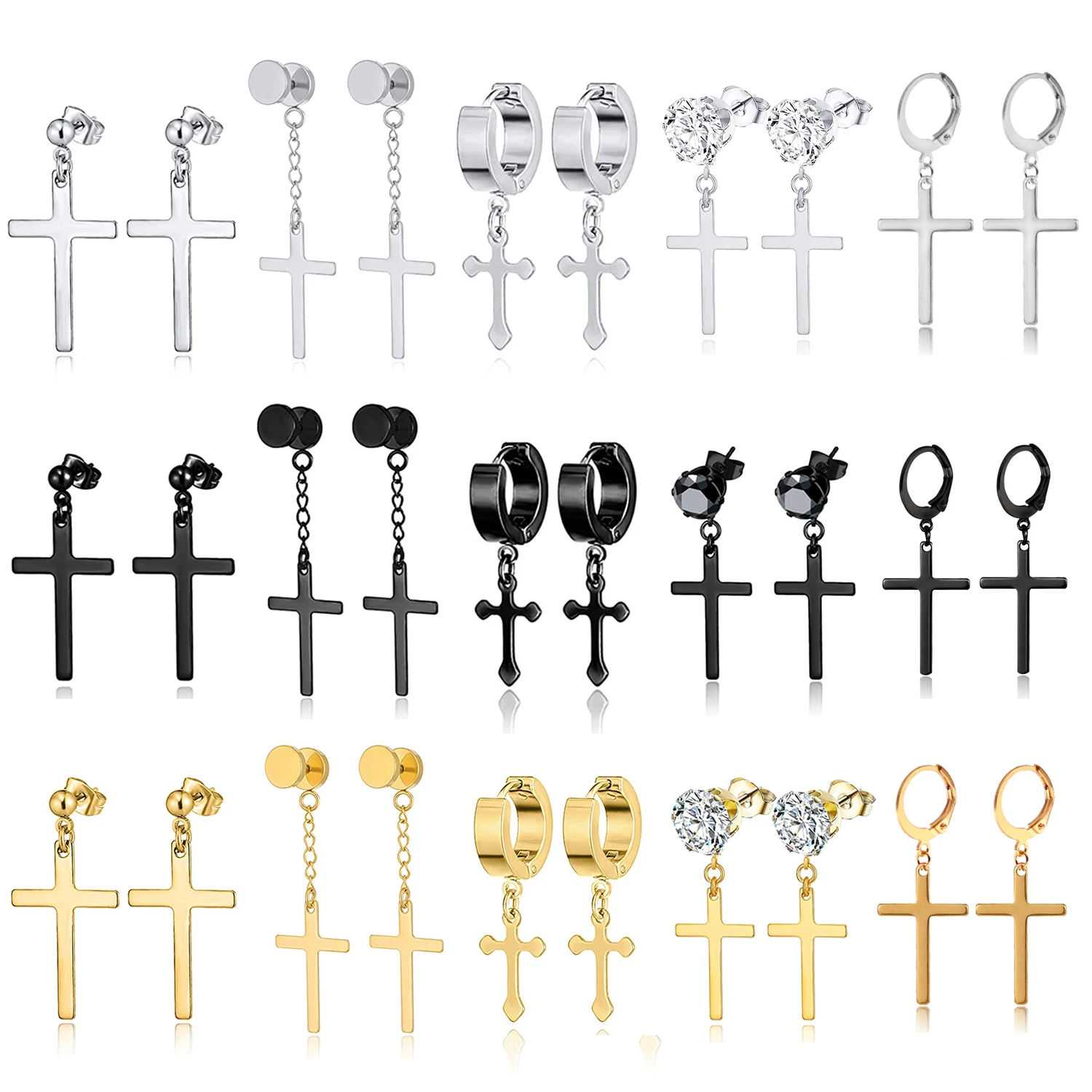

4 Pairs Stainless Steel Cross Dangle Hinged Hoop Earrings Huggie Earrings Piercing CZ Stud for Men Women Silver Gold Black Tone