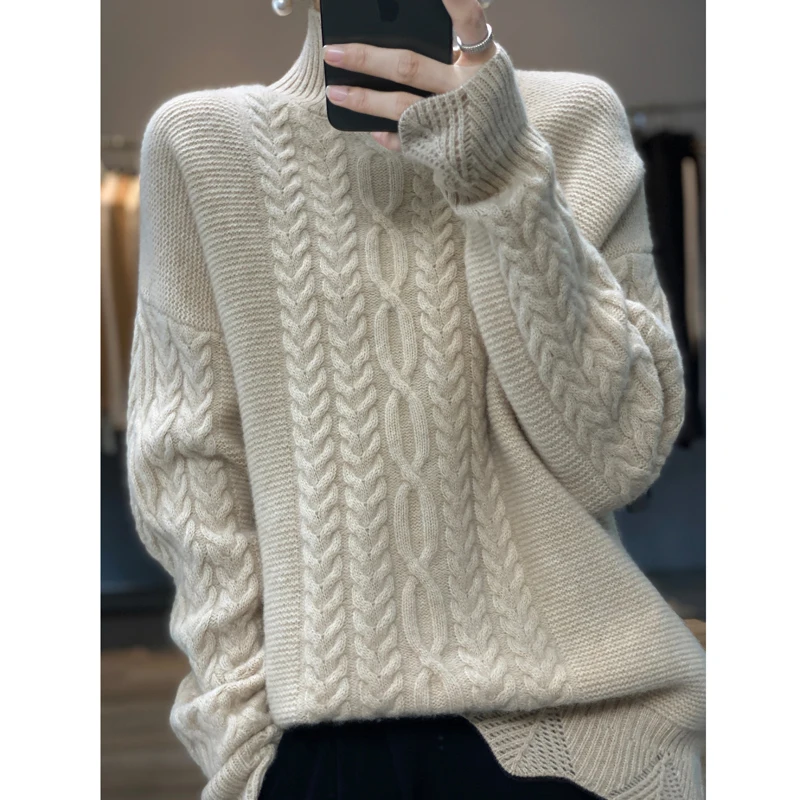 Lazy Wind Loose 100 Pure Woolen Sweater, Thick Sweater, Half Turtleneck Sweater, Fall and Winter New Cashmere Sweater