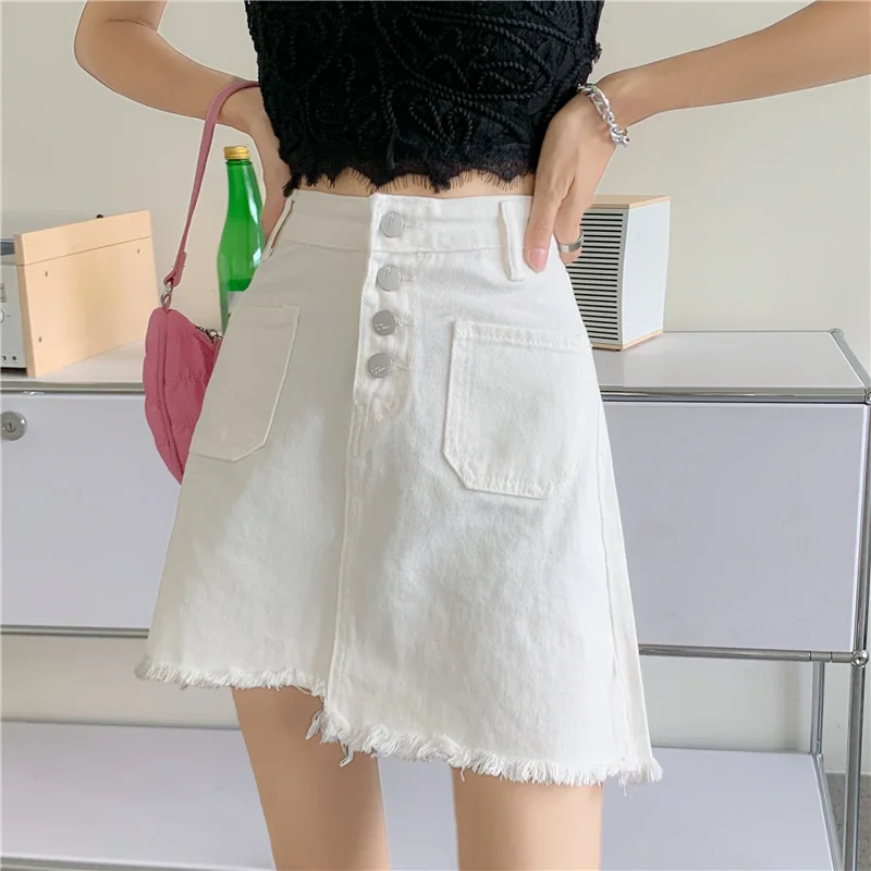 

Summer New Women Solid White Irregular Hem Denim Skirt Single-breasted Sanded Edge Skirts Street Fashion High Waist Mini Skirts