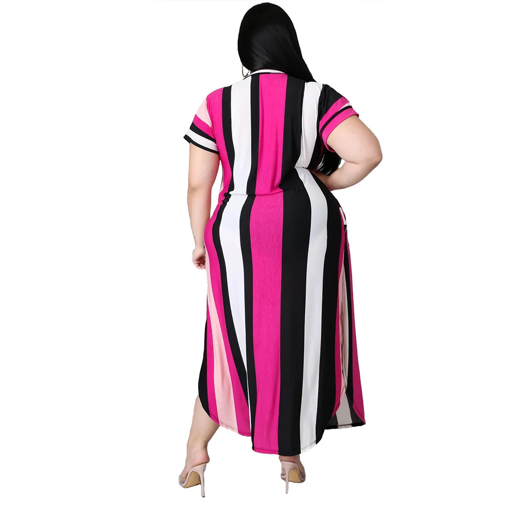 Plus Size Dress Women Summer Holiday Wholesale v Neck Striped Slip Hem Elegant Party Maxi Dresses Polye 3xl 4xl 5xl 6xl