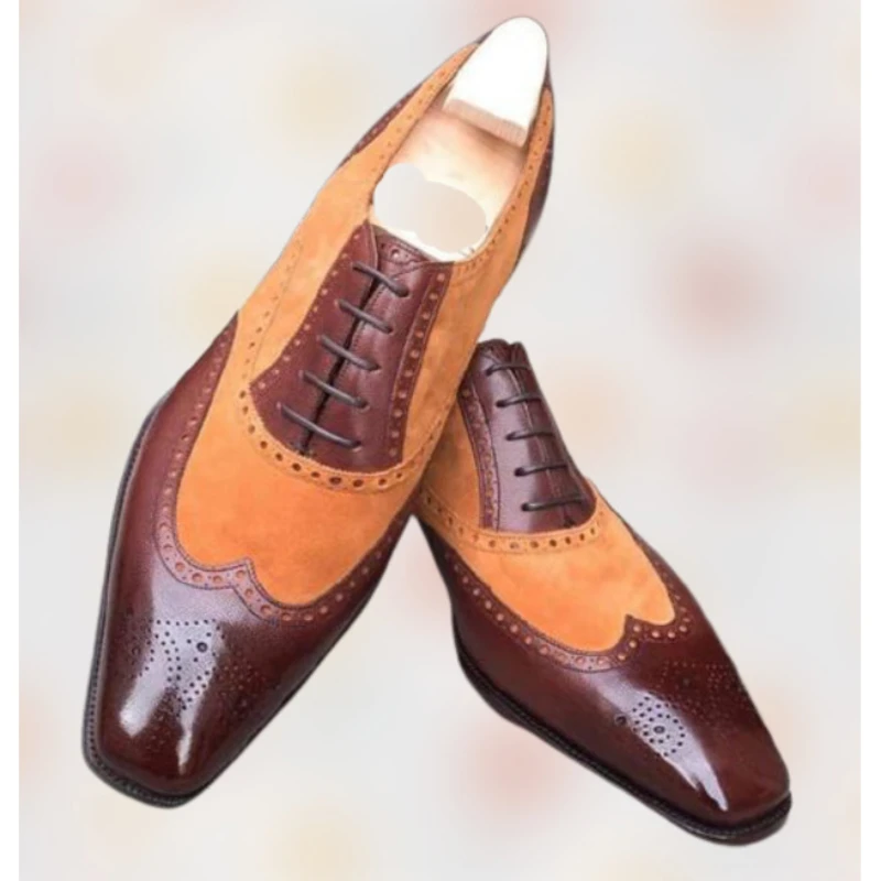 

Bullock Men Shoes Pu Leather Lace Up Color Matching Round Head Flat Bottom Trend Personalized Hollow Carving KD403