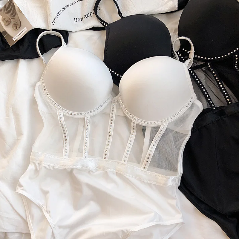 2023 Bralette large size hollow rhinestone bras sexy on thin under thick small chest gathered brassiere seamless body-shaping t