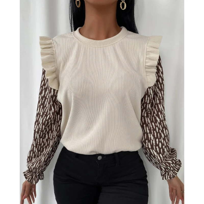 

2021 Fall Winter Black Printed Patchwork T-Shirt Women O Neck Ruffles Clothing Lady New Casual Loose Long Sleeve Harajuku Tops