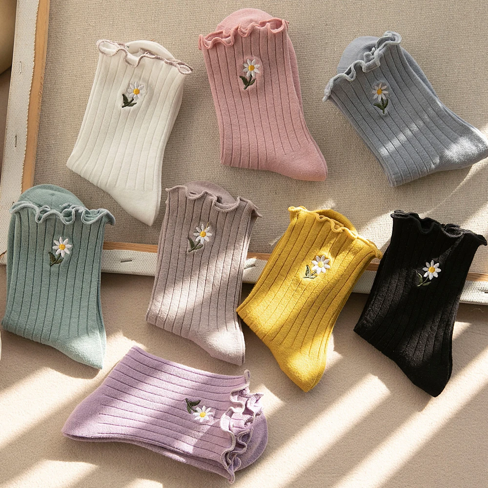 

Женские носки с вышивкой, однотонные хлопковые дышащие японские носки с оборками в стиле Харадзюку для осени и весны