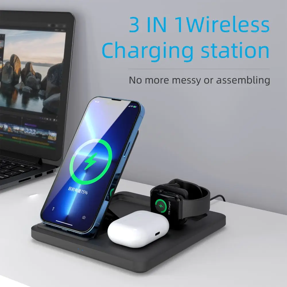 3 in 1 Foldable Wireless Charger Stand Dock for iPhone 14 13 Pro Max Holde Fast Charging Station for Apple iWatch S8 Airpods Pro
