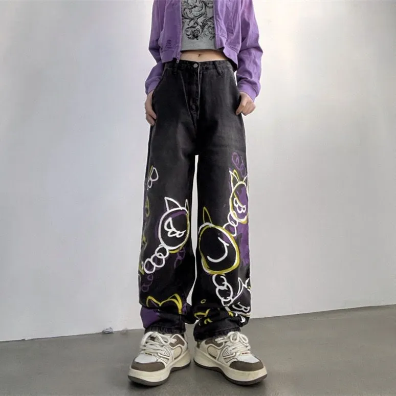 

Женские прямые свободные джинсы на пуговицах с высокой талией, уличные ретро брюки в стиле граффити, хип-хоп, рэп, трендовые брюки в стиле панк