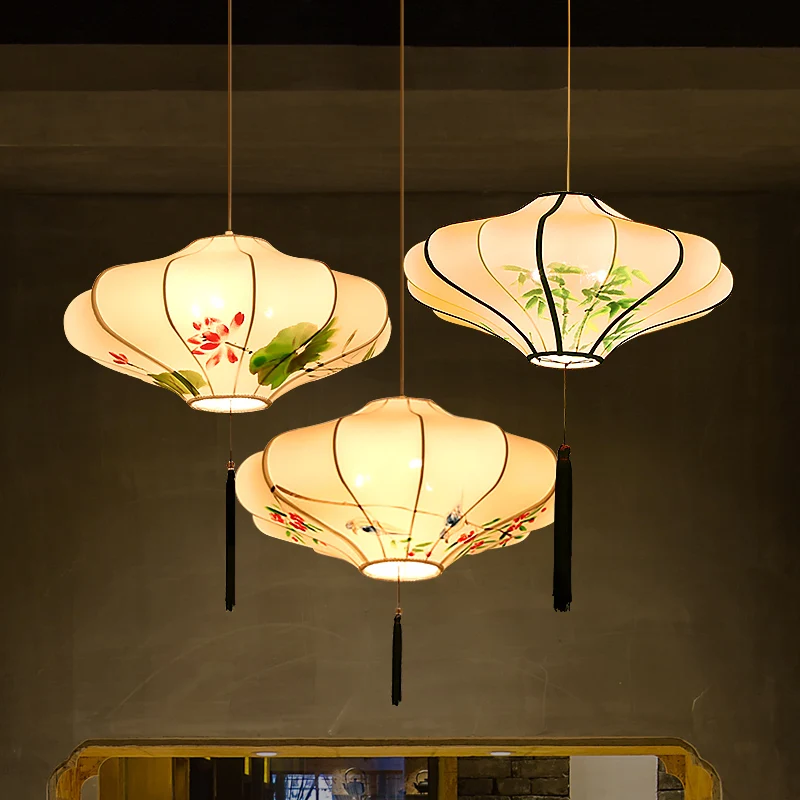 Chinese Cloth Pendant Lights Hand Painted Lotus Flowers Painting Restaurant Hanging Lamp Zen Tea Room Pendant Decorative Lamp