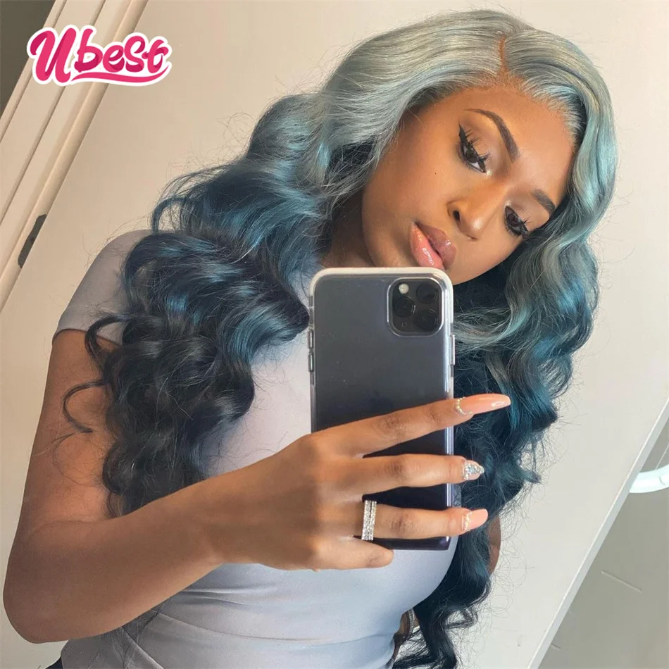 

12A 613 Wig Ombre Blue Colored Body Wave 13x4 Lace Front Wig Human Hair Wigs For Woman Virgin Brazilian Preplcuked 180% Density