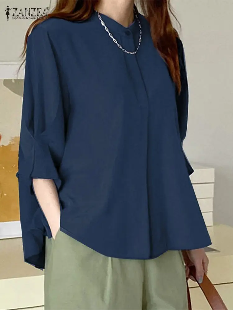 

Модная женская однотонная блузка ZANZEA, повседневные свободные топы с рукавом 3/4, Осенние туники с круглым вырезом и пуговицами, повседневные универсальные рубашки в стиле ретро, 2022