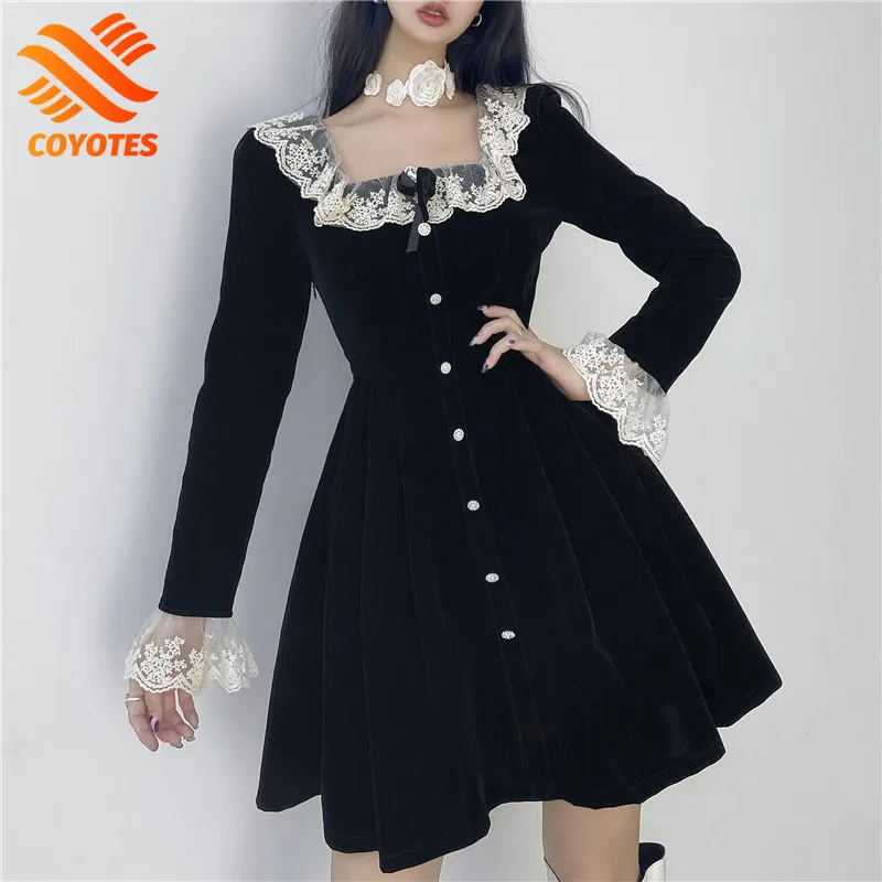 

Элегантное винтажное черное велюровое платье, женское кружевное лоскутное платье для вечевечерние, женское Плиссированное мини-платье с к...