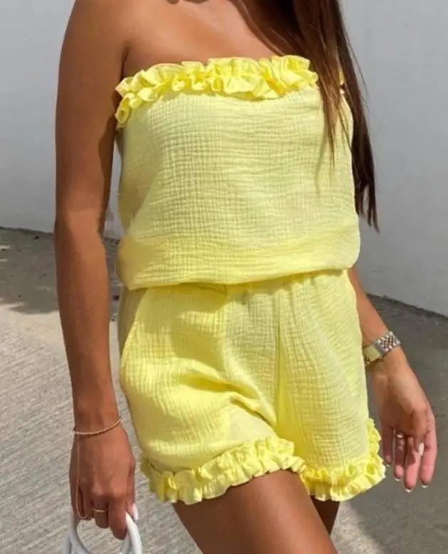 

Женский комплект из топа и шортов, повседневный пикантный комплект из двух предметов без рукавов и с оборками на подоле, лето 2023