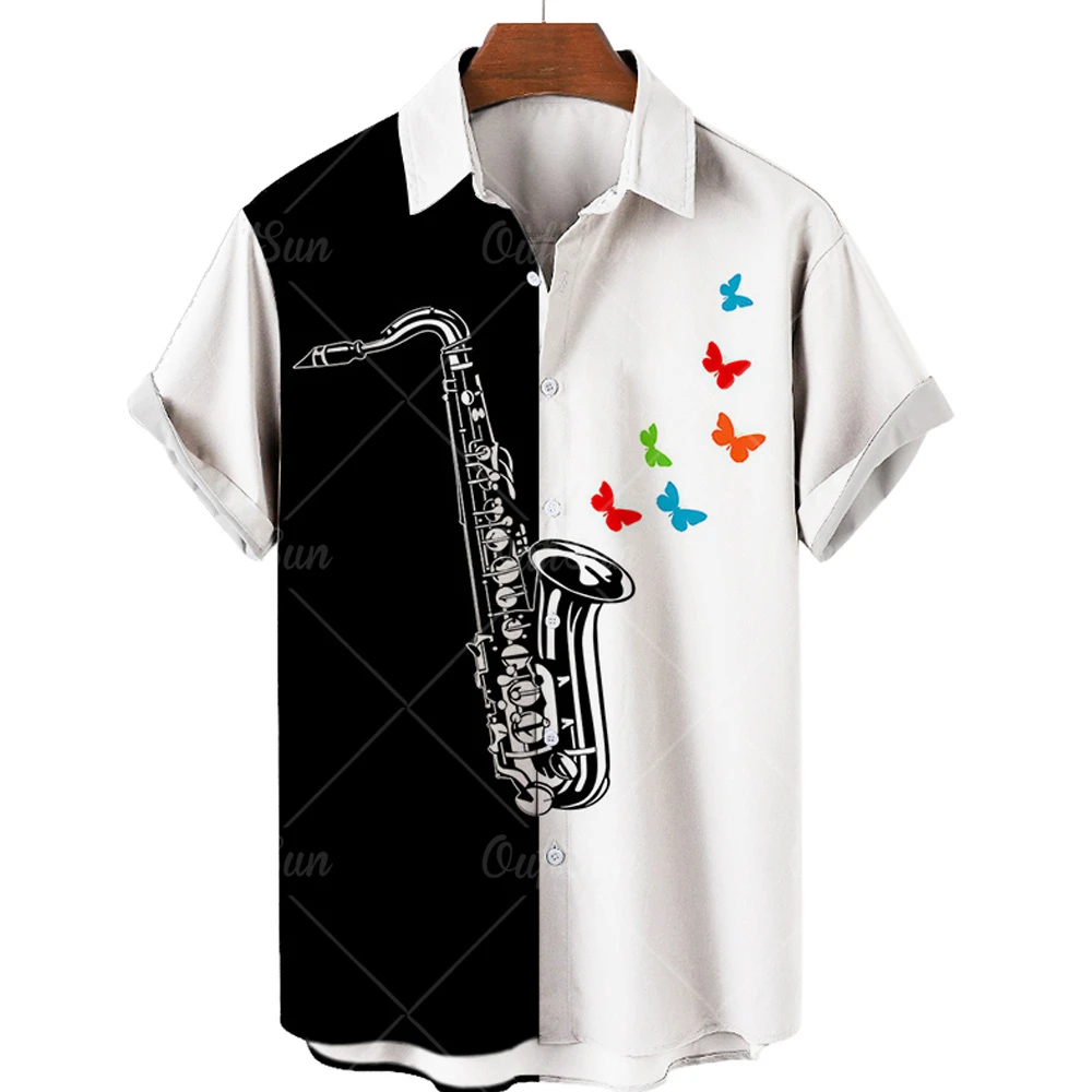 Mens Womens Black White Lapel Loose Shirts 3D Music Printed Short Sleeve Shirts Polyester Plus Size 5XL