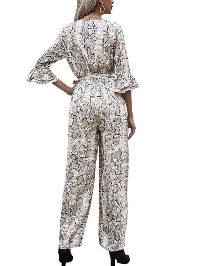 

Women's Jumpsuit Lace up Print Snakeskin V Neck Active Street Casual Regular Fit 3/4 Length Sleeve Gray S M L Spring