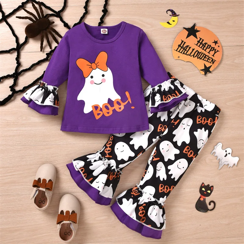Halloween Girls Clothes Autumn 2pcs Toddler Girl Ghost Print Long-sleeve Tee and Ruffle Flared Pants Set