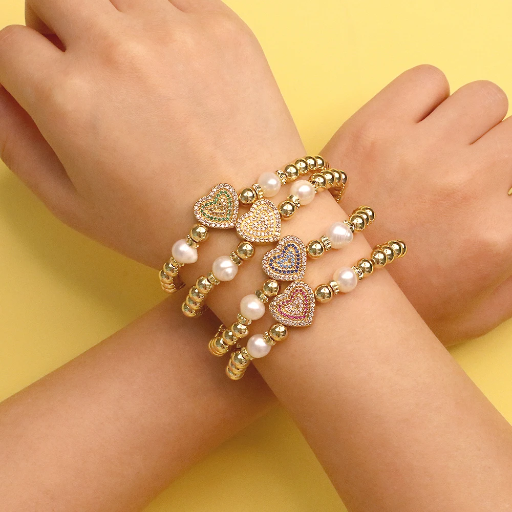 

Fashion Micro Pave Heart Cubic Zircon Bracelet Women's Copper Gold Plated Metal Beaded Temperament Bracelet Pearl Shell Jewelry
