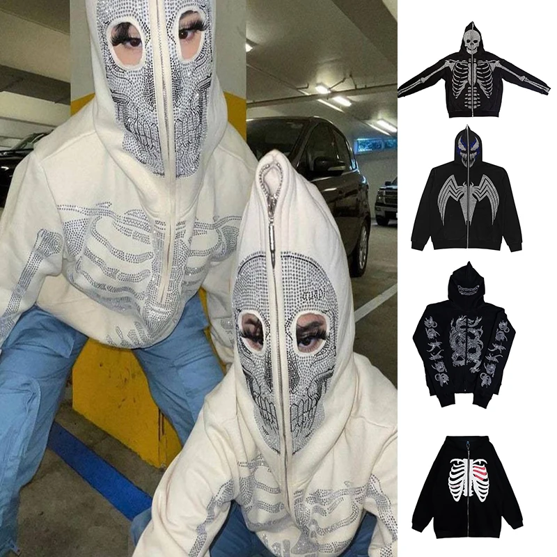 

Skeleton Oversized Full Zip Up Over Face Skull Rhinestone Diamond Hoodies Men Women Y2k Trend Loose Coat Flame Cotton Coat