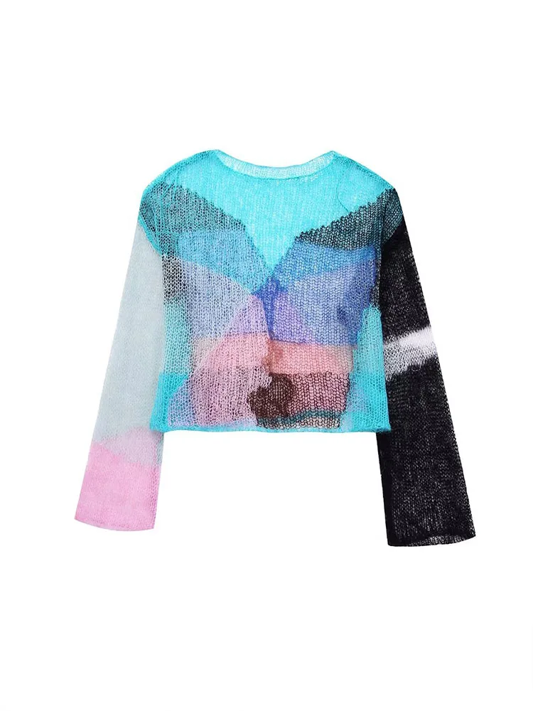 

PB&ZA Women New Fashion Colorblock Hollow-Out Knitwear Sweater Retro Long-Sleeved All-Match Casual Female Pullovers Chic Tops