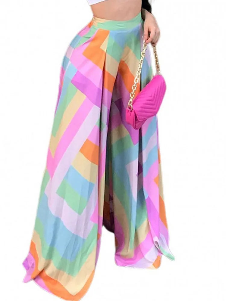 

Wide Leg Pants For Women High Waist Loose Long Trousers 2022 Summer New Fashion Colorful Print Elegant Streetwear Female Pants