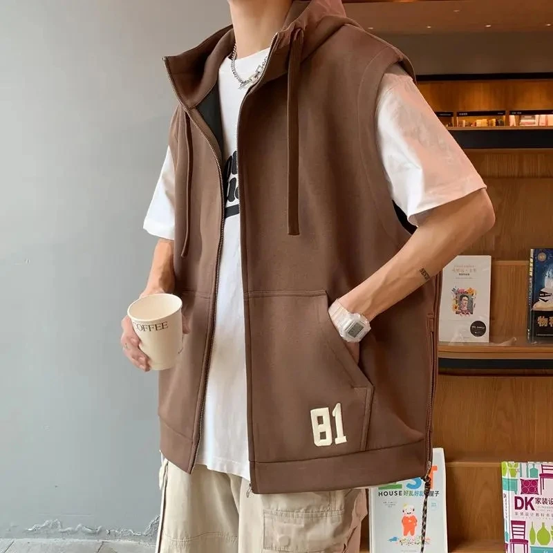 

Summer Casual Shirt Tess Vest Men Loose Cool Boy Versatile Sports Tops Solid Hooded Sleeveless Undershirt Jacket Zipper