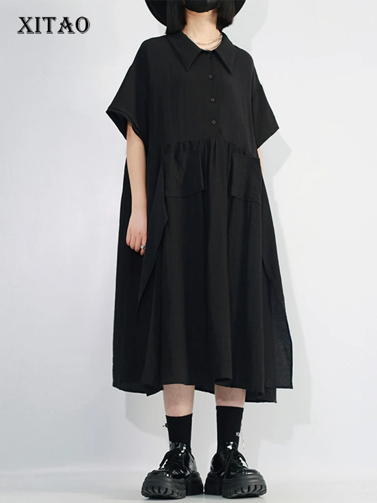 

XITAO Irregular Casual Patchwork Shirt Dress Loose Fashion Simplicity Solid Color Loose Turn-down Collar Women Summer New ZY6968