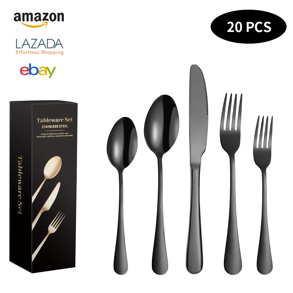 

Titanium plated 1010 stainless steel tableware 5 components 20 piece set western steak knife, fork and Spoon Set