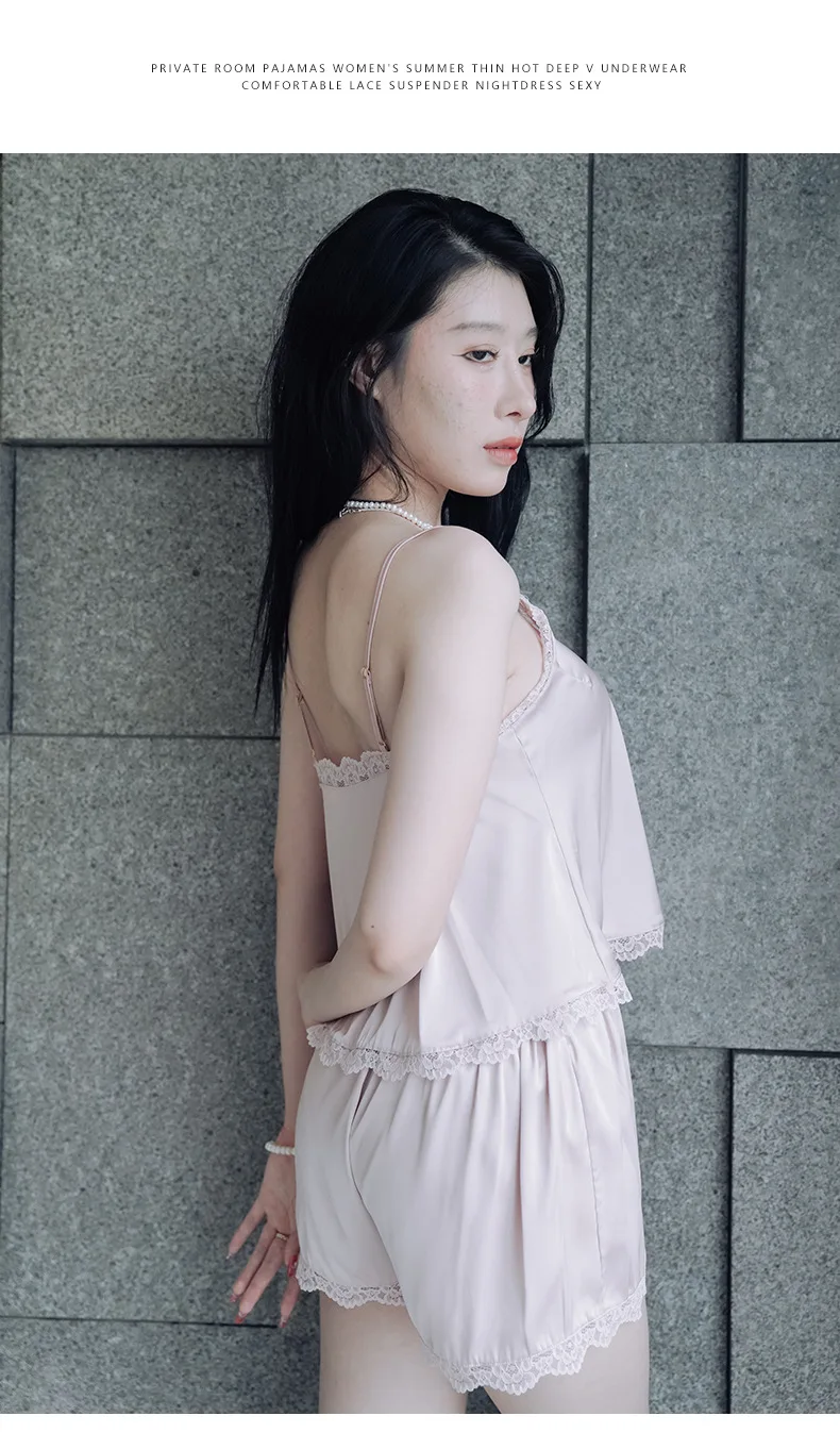 Summer pajamas women's sleepwear breathable sweet and lovely underwear satin solid color sling ice silk homewear suit