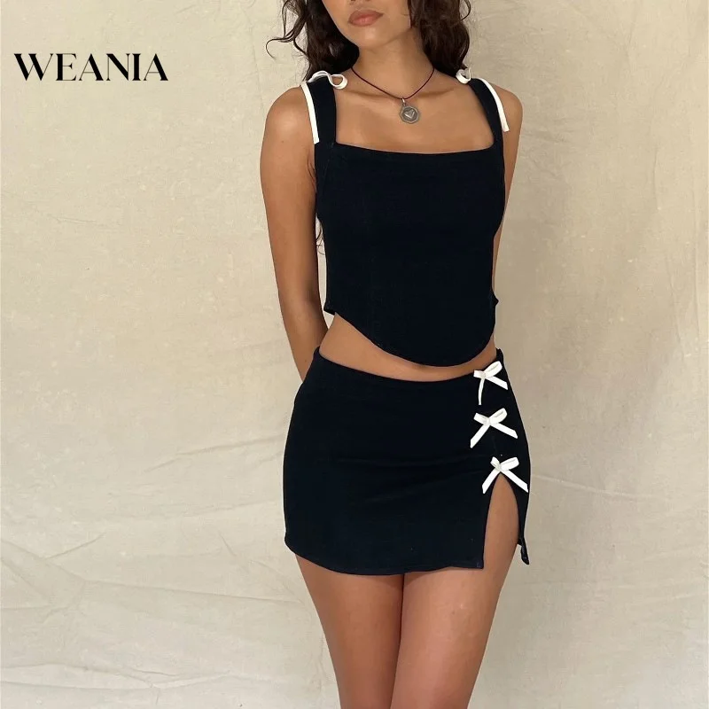 

Women Sexy Square Collar Irregular Top Slit Lace-up Skirt Set