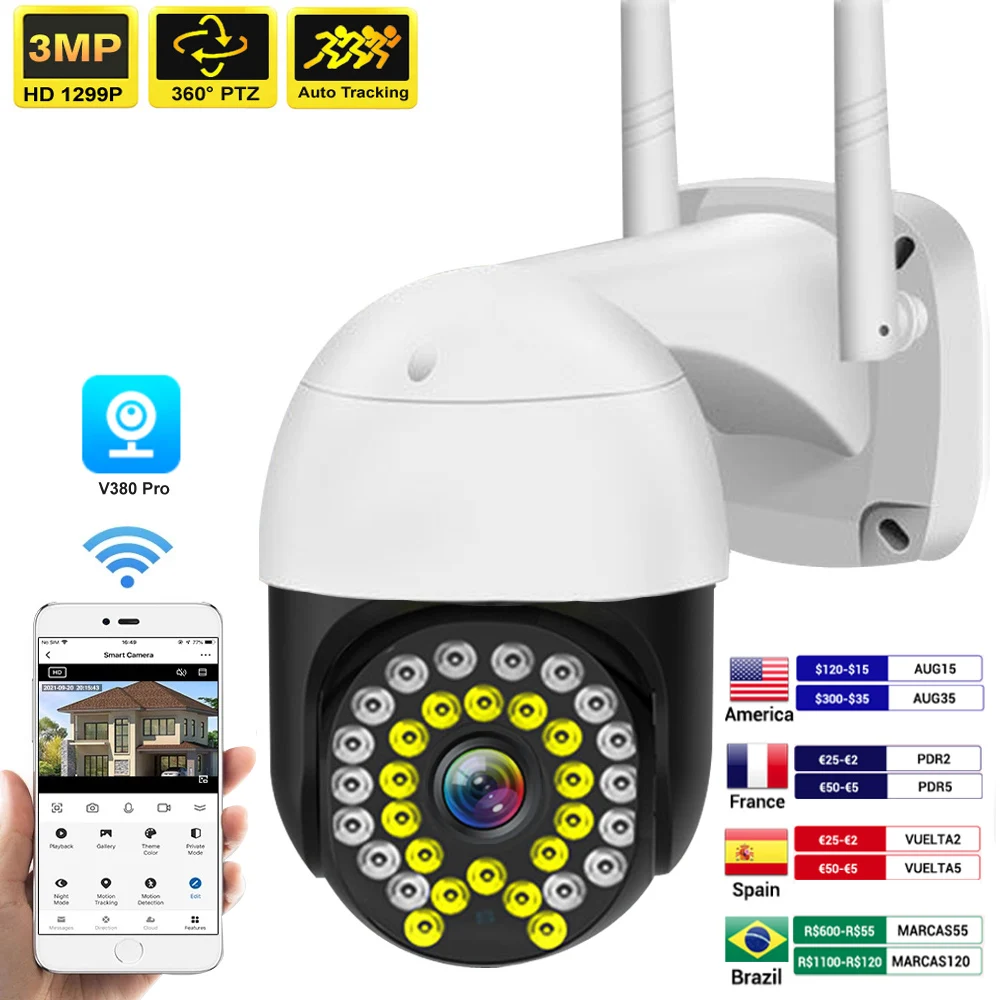 HD 3MP WiFi IP Camera Smart Home Security Protection 1080P Outdoor Surveillance Kamera CCTV 360 PTZ Auto Tracking IP Monitor Cam